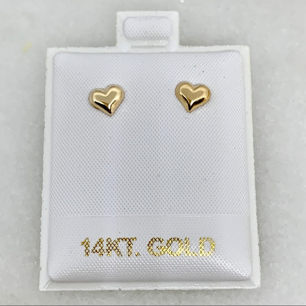 14K Yellow Gold Small Puffed Heart Earrings ❤️ - Picture 4 of 7